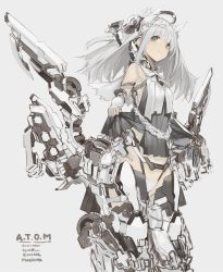 1girl bodysuit breasts closed_mouth exoskeleton female_focus fingerless_gloves gloves green_eyes grey_background grey_hair halo headgear highleg highres holding long_hair mecha_musume original rayvon sidelocks simple_background sketch small_breasts smile solo standing tareme thighs white_gloves