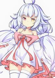 Rule 34 | 1girl, ahoge, azur lane, bare shoulders, blue hair, commentary, cowboy shot, dress, frills, heterochromia, layered dress, light blue hair, long hair, long sleeves, looking at viewer, low twintails, nicholas (azur lane), red eyes, shachi02e, simple background, solo, thighhighs, twintails, very long hair, white background, white thighhighs, yellow eyes, zettai ryouiki