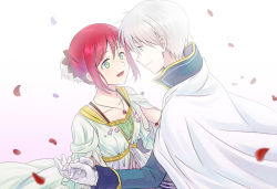 Rule 34 | 1boy, 1girl, akagami no shirayukihime, blue eyes, cape, collarbone, couple, dress, eye contact, gloves, gradient background, green eyes, hair ornament, hetero, holding hands, jewelry, looking at another, necklace, petals, red hair, rosa tsubomi, shirayuki (akagami no shirayukihime), short hair, smile, white hair, zen wistalia