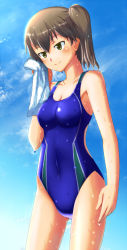 Rule 34 | 10s, 1girl, alternate costume, brown eyes, brown hair, competition swimsuit, covered navel, kaga (kancolle), kantai collection, one-piece swimsuit, side ponytail, smile, solo, swimsuit, tks (526tks), towel, water, wet