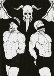 Rule 34 | 3boys, abs, absurdres, bara, blindfold, boxers, chidaruma, cloth gag, curled horns, demon boy, demon horns, demon wings, dorohedoro, evil smile, facial hair, feet out of frame, gag, gagged, goatee, greyscale, highres, horns, improvised gag, large pectorals, long tongue, looking at viewer, male focus, male underwear, mature male, monochrome, multiple boys, muscular, muscular male, navel, nipples, over the mouth gag, pectorals, short hair, sideburns, slave, smile, smokerichi, stomach, strangling, thighs, tongue, tongue out, topless male, underwear, underwear only, unfinished, wings, yaoi