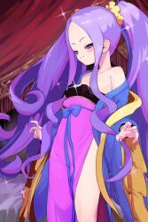 Rule 34 | 1girl, bare shoulders, breasts, chinese clothes, closed mouth, dress, fate/grand order, fate (series), forehead, hair ornament, hair scrunchie, hanfu, highres, long hair, long sleeves, looking at viewer, mightyjump98, off shoulder, parted bangs, pelvic curtain, purple dress, purple eyes, purple hair, scrunchie, shawl, sidelocks, small breasts, smile, solo, sparkle, thighs, twintails, very long hair, wide sleeves, wu zetian (fate), yellow scrunchie