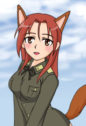 Rule 34 | 00s, 1girl, animal ears, brown eyes, buttons, fox ears, fox tail, lindor, long hair, long sleeves, looking at viewer, military, military uniform, minna-dietlinde wilcke, red hair, solo, strike witches, tail, uniform, upper body, very long hair, world witches series
