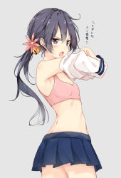 Rule 34 | &gt;:o, 10s, 1girl, :o, akebono (kancolle), bell, blue skirt, blush, breasts, cowboy shot, flower, from side, grey background, hair bell, hair between eyes, hair flower, hair ornament, highres, jingle bell, kantai collection, long hair, looking at viewer, open mouth, pleated skirt, ponytail, purple eyes, purple hair, school uniform, serafuku, shiina kuro, shitty admiral (phrase), sidelocks, simple background, skirt, small breasts, solo, sports bra, teeth, translated, undressing, v-shaped eyebrows
