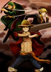 Rule 34 | 3boys, black hair, blonde hair, cigarette, dual wielding, fighting stance, formal, green hair, hamadaichi, hat, holding, male focus, monkey d. luffy, mouth hold, multiple boys, one-eyed, one piece, open clothes, open shirt, pixiv sample, red shirt, resized, robe, roronoa zoro, sabaody archipelago, sanji (one piece), sash, scar, shirt, shorts, smoking, straw hat, suit, sword, triple wielding, weapon
