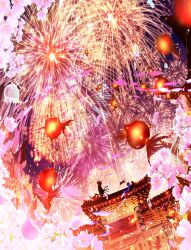 1girl aerial_fireworks animal_ears architecture cat cherry_blossoms east_asian_architecture festival fireworks fish highres makoron117117 multiple_tails night original outdoors scenery silhouette tail