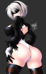 Rule 34 | 1girl, 2b (nier:automata), artist name, ass, back cutout, black background, black hairband, blindfold, breasts, clothing cutout, commentary, curvy, danmakuman, feather trim, gloves, gradient background, hairband, highleg, highleg leotard, highres, huge ass, large breasts, leotard, lips, long sleeves, mole, mole under mouth, nier:automata, nier (series), puffy sleeves, shiny skin, short hair, signature, simple background, solo, thighs, thong leotard, white hair, white leotard, wide hips
