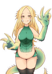 Rule 34 | 1girl, :p, absurdres, bad id, bad pixiv id, blonde hair, breasts, claws, great jagras, highres, long hair, looking at viewer, miao yao cha, monster hunter, monster hunter: world, monster hunter (series), navel, parted bangs, personification, scales, smile, solo, stomach, tail, tongue, tongue out, yellow eyes