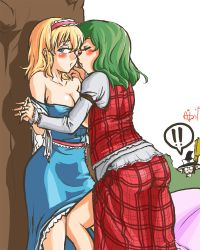 Rule 34 | !, !!, 2girls, 3girls, :o, against tree, alice margatroid, ass, bare shoulders, blonde hair, blue dress, blue eyes, blush, breasts, breasts out, broom, caught, cleavage, clothes down, clothes lift, clothes pull, collarbone, dress, female focus, green hair, hairband, highres, hip focus, holding hands, imminent kiss, interlocked fingers, kazami yuuka, kirisame marisa, large breasts, looking at viewer, looking away, multiple girls, o o, outdoors, parasol, plaid, plaid shirt, plaid skirt, plaid vest, sash, shirt, shirt pull, sideboob, skirt, skirt lift, skirt set, touhou, tree, umbrella, vest, yuri, yuro (yuroaoj)