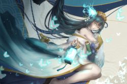 Rule 34 | 1girl, ajun, aoandon, bare shoulders, black hair, blue nails, breasts, brown eyes, bug, butterfly, cleavage, grey background, hand up, highres, bug, jewelry, lantern, long hair, looking at viewer, nail polish, necklace, onmyoji, sandals, scroll, solo, very long hair, wide sleeves