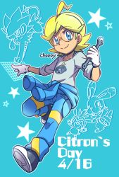 Rule 34 | 1boy, ahoge, blonde hair, blue eyes, blue jumpsuit, bunnelby, chappy (kanata218), character name, character print, chespin, clemont (pokemon), closed mouth, commentary request, creatures (company), dated, game freak, gen 4 pokemon, gen 6 pokemon, glasses, gloves, grey shirt, highres, holding, holding wrench, jumpsuit, luxray, male focus, nintendo, pokemon, pokemon (anime), pokemon (creature), pokemon xy (anime), shirt, sleeves rolled up, smile, star (symbol), white gloves, wrench