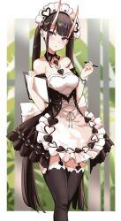 Rule 34 | 1girl, 8 (mmm st bbb), absurdres, apron, azur lane, black garter straps, black hair, blunt bangs, detached collar, dress, frilled apron, frilled dress, frills, garter straps, highres, holding, holding menu, horns, long hair, looking to the side, maid apron, maid headdress, menu, noshiro (azur lane), noshiro (hold the ice) (azur lane), official alternate costume, oni horns, twintails, white apron