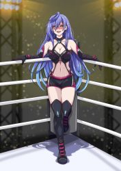 Rule 34 | 1girl, absurdres, bare shoulders, black gloves, blue hair, blush, breasts, choujigen game neptune, detached collar, dropdeadcake, earrings, elbow gloves, gloves, heart, highres, iris heart, jewelry, kami jigen game neptune v, large breasts, long hair, looking at viewer, multicolored hair, navel, neptune (series), paid reward available, pink eyes, power symbol, power symbol-shaped pupils, purple hair, shadow, sleeveless, smile, solo, symbol-shaped pupils, very long hair, wrestling boots, wrestling outfit, wrestling ring