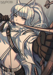 Rule 34 | 1girl, animal ear fluff, animal ears, arknights, arrow (projectile), black gloves, bow (weapon), commentary, drawing bow, gloves, grey background, grey eyes, highres, holding, holding bow (weapon), holding weapon, long hair, long sleeves, looking at viewer, midriff, nairobi song, navel, platinum (arknights), silver hair, solo, stomach, tail, upper body, weapon
