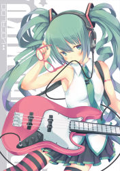 Rule 34 | 1girl, bare shoulders, bass guitar, blush, electric guitar, glasses, green eyes, green hair, guitar, hatsune miku, headphones, instrument, lat model (mikumikudance), long hair, matching hair/eyes, necktie, sisco, solo, striped clothes, striped thighhighs, thighhighs, twintails, vocaloid