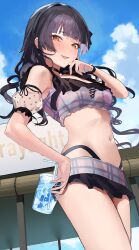 Rule 34 | 1girl, absurdres, arm garter, bikini, black hair, blue sky, blunt bangs, blush, breasts, cup, disposable cup, drinking straw, highres, holding, holding cup, idolmaster, idolmaster shiny colors, looking at viewer, mayuzumi fuyuko, medium breasts, navel, outdoors, plaid, plaid bikini, sky, smile, solo, swimsuit, uouokuma