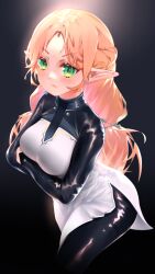 Rule 34 | 1girl, black background, black bodysuit, blonde hair, blush, bodysuit, breast hold, breasts, closed mouth, cowboy shot, crossed arms, dress, elf, forehead jewel, gem, green eyes, half updo, highres, isekai ojisan, kuodao, latex, latex bodysuit, long hair, long pointy ears, looking at viewer, medium breasts, pointy ears, red gemstone, shiny clothes, sidelocks, simple background, skin tight, solo, standing, sui (isekai ojisan), white dress