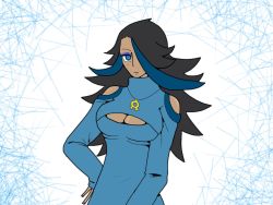 Rule 34 | 10s, 1girl, bare shoulders, black hair, blue eyes, breasts, cleavage, cleavage cutout, clothing cutout, creatures (company), dark skin, game freak, hair over one eye, long hair, meme attire, multicolored hair, nintendo, open-chest sweater, pokemon, pokemon oras, shelly (pokemon), shelly (pokemon oras), sweater