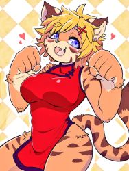 Rule 34 | 1girl, artist request, blonde hair, blue eyes, borrowed character, chinese clothes, fu-chan, furry, furry female, highres, open mouth, short hair, solo, tiger