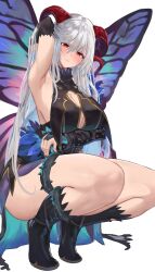 Rule 34 | 1girl, absurdres, bare shoulders, boots, breasts, bridal gauntlets, butterfly wings, chiyu1182, cleavage, commission, cosplay, curled horns, fire emblem, fire emblem heroes, freyja (fire emblem), goat horns, grey hair, highres, horns, huge breasts, insect wings, large breasts, long hair, nintendo, red eyes, red horns, solo, triandra (fire emblem), triandra (fire emblem) (cosplay), wings