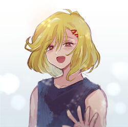 Rule 34 | 1other, antenna hair, artist name, blonde hair, blue background, chiimako, closed mouth, coat, gnosia, hair ornament, hairclip, happy, long hair, looking at viewer, red eyes, setsu (gnosia), shirt, short hair, simple background, sleeveless, sleeveless shirt, smile, unworn hair ornament
