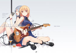 Rule 34 | 2girls, bare shoulders, boots, breasts, cup, drinking glass, electric guitar, closed eyes, guitar, indian style, instrument, fender jazzmaster, long hair, looking at viewer, microphone, miz, multiple girls, music, open mouth, orange hair, original, red eyes, silver hair, singing, sitting, smile