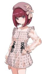 Rule 34 | 1girl, arima kana, bob cut, closed mouth, dress, hat, highres, inverted bob, looking at viewer, migolu, oshi no ko, pink hat, red eyes, red hair, short hair, simple background, solo, white background