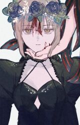 Rule 34 | 2girls, artoria pendragon (all), artoria pendragon (fate), black dress, blonde hair, blood, blood on face, blue flower, breasts, closed mouth, clothing cutout, collarbone, commentary request, dark persona, dark sakura, diamond cutout, dress, expressionless, fate/stay night, fate (series), flower, flower wreath, gothic lolita, hand on another&#039;s chin, heaven&#039;s feel, highres, juliet sleeves, lolita fashion, long hair, long sleeves, looking at viewer, machi (uqyjee), matou sakura, multiple girls, puffy sleeves, saber alter, sidelocks, simple background, small breasts, solo focus, striped clothes, striped dress, upper body, white background, yellow eyes