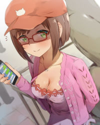 Rule 34 | 1girl, blush, breasts, brown hair, cellphone, cleavage, collarbone, commentary request, floral print, glasses, green eyes, highres, holding, holding phone, idolmaster, idolmaster cinderella girls, jewelry, long sleeves, looking at viewer, maekawa miku, medium breasts, necklace, phone, red-framed eyewear, red headwear, ribbon trim, seneto, short hair, smartphone, smile, solo focus