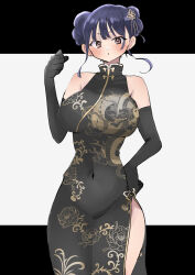 Rule 34 | 1girl, alternate costume, alternate hairstyle, bare shoulders, black background, black dress, black gloves, blue hair, blush, boku no kokoro no yabai yatsu, breasts, brown eyes, china dress, chinese clothes, covered navel, cowboy shot, dark blue hair, dot nose, double bun, dress, elbow gloves, eyebrows, eyelashes, female focus, gloves, hair bun, hand on own hip, hand up, highres, large breasts, long28, looking at viewer, mole, mole on neck, parted lips, short hair, simple background, sleeveless, sleeveless dress, solo, standing, tall female, two-tone background, two-tone dress, white background, wide hips, yamada anna, yellow dress