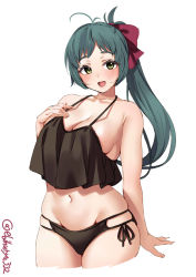 Rule 34 | 1girl, ahoge, alternate costume, bikini, breasts, cleavage, cropped legs, ebifurya, green eyes, green hair, highres, irako (kancolle), kantai collection, large breasts, looking at viewer, navel, ponytail, side-tie bottom, sideboob, simple background, smile, solo, swimsuit, twitter username, white background