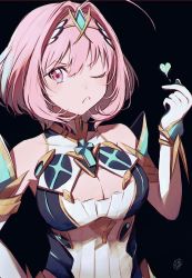 Rule 34 | 1girl, ahoge, bare shoulders, blush, cleavage cutout, clothing cutout, collarbone, cosplay, frown, hamachamu, highres, idolmaster, mythra (xenoblade), mythra (xenoblade) (cosplay), one eye closed, pink eyes, pink hair, short hair, solo, xenoblade chronicles (series), xenoblade chronicles 2, yumemi riamu
