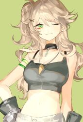 Rule 34 | 1girl, ;3, arm strap, bare shoulders, breasts, brown hair, crop top, detached collar, elsword, gloves, green background, green eyes, hair ornament, hand on own hip, lithia beryl (elsword), long hair, medium breasts, midriff, ne2 2ne, one eye closed, one side up, simple background, solo, stomach, wings, x hair ornament