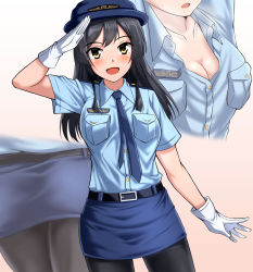 Rule 34 | 1girl, :d, alternate costume, arm up, ass, belt, belt buckle, black belt, black hair, black pantyhose, blue hat, blue neckwear, blue shirt, blue skirt, blush, breast pocket, breasts, buckle, buttons, cleavage, collarbone, collared shirt, commentary request, commission, cowboy shot, dress shirt, epaulettes, gloves, hat, highres, kantai collection, logo, long hair, looking at viewer, multiple views, necktie, open mouth, oyashio (kancolle), pantyhose, partially unbuttoned, pencil skirt, pocket, police, police hat, police uniform, policewoman, salute, shirt, short sleeves, skirt, smile, sweat, uniform, white gloves, yellow eyes, zanntetu