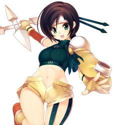 Rule 34 | 1990s (style), 1girl, breasts, brown hair, commentary request, final fantasy, final fantasy vii, fingerless gloves, fishnets, gloves, green eyes, headband, holding, holding weapon, huge weapon, kinoshita ichi, leg up, looking at viewer, medium breasts, midriff, navel, open mouth, short hair, shorts, shuriken, simple background, smile, solo, weapon, white background, yuffie kisaragi