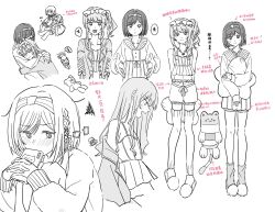 Rule 34 | 1girl, 1other, :d, akiyama mizuki, arms behind back, bare shoulders, blush, bob cut, braid, cat, chinese text, closed eyes, closed mouth, commentary, covered mouth, facial mark, full body, hair down, hairband, highres, holding, holding phone, hug, interlocked fingers, jacket, jewelry, kyline, lapels, long hair, long sleeves, looking at another, looking at viewer, loose socks, midriff, monochrome, navel, necklace, notched lapels, open clothes, open jacket, open mouth, pajamas, phone, pillow, project sekai, shinonome ena, short hair, shorts, side ponytail, sidelocks, single braid, sleeveless, sleeves past wrists, slippers, smile, socks, speech bubble, star-shaped pillow, stuffed animal, stuffed toy, teddy bear, translation request, upper body, whisker markings, white background