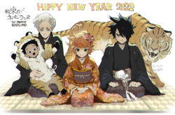 Rule 34 | 1girl, 2022, 3boys, ahoge, animal costume, animal print, black hair, black kimono, blue eyes, brown eyes, chinese zodiac, chromatic aberration, closed mouth, commentary request, copyright name, dated, demizu posuka, emma (yakusoku no neverland), green eyes, hand on hand, hands on legs, hands up, happy new year, highres, japanese clothes, kimono, long sleeves, multiple boys, neck tattoo, new year, norman (yakusoku no neverland), number tattoo, open mouth, orange hair, orange kimono, phil (yakusoku no neverland), ray (yakusoku no neverland), seiza, short hair, signature, sitting, sitting on person, smile, tattoo, tiger, tiger costume, tiger print, white hair, yakusoku no neverland, year of the tiger