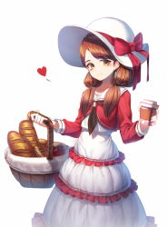 Rule 34 | 1girl, bad id, bad pixiv id, baguette, basket, blush, bow, bread, brown eyes, brown hair, brown neckwear, closed mouth, coffee cup, cup, disposable cup, dress, earrings, food, hat, hat bow, head tilt, heart, highres, holding, holding basket, holding cup, jewelry, long hair, long sleeves, looking at viewer, original, red bow, red shirt, shirt, simple background, smile, solo, sugar (dndi888), sun hat, white background, white dress, white hat, white shirt