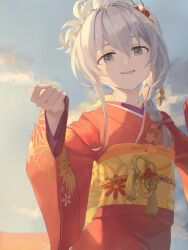 Rule 34 | 1girl, beaky45779868, braid, cloud, commentary request, dawn, grey eyes, grey hair, hair ornament, hair ribbon, hair up, hands up, hatsumoude, highres, hoshi syoko, idolmaster, idolmaster cinderella girls, japanese clothes, kimono, looking at viewer, new year, obi, outdoors, parted lips, red kimono, ribbon, sash, side braid, sky, smile, solo, tassel