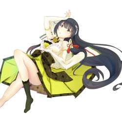 Rule 34 | 10s, 1girl, bare shoulders, black hair, breasts, detached sleeves, elbow gloves, eyebrows, furisode, gloves, green eyes, green thighhighs, hair ornament, japanese clothes, kantai collection, kimono, long hair, looking at viewer, mizuho (kancolle), reclining, solo, thighhighs, very long hair, yokoshima pengin