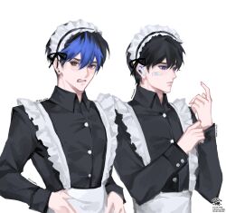 2boys adjusting_sleeves alternate_costume apron arm_up arms_up bandaid bandaid_on_cheek bandaid_on_face black_hair black_ribbon blue_eyes blue_hair blush buttoned_cuffs buttons clenched_teeth closed_mouth collared_dress commentary crossdressing dress earrings embarrassed english_commentary enmaided frilled_apron frills grey_eyes hair_between_eyes hands_on_own_hips highres iso_(valorant) jewelry looking_at_hand looking_to_the_side maid maid_apron maid_headdress male_focus male_maid multiple_boys piercing ribbon short_hair side-by-side sideways_glance simple_background sleeve_cuffs standing stud_earrings teeth valorant wan_wan white_apron white_background wing_collar yoru_(valorant)