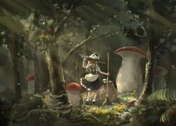 Rule 34 | 1girl, :d, apron, arm up, black dress, black footwear, blonde hair, blurry, blurry foreground, boots, broom, dress, forest, frilled dress, frills, full body, grass, hand on headwear, hat, highres, holding, holding broom, kirisame marisa, light rays, long hair, mushroom, nature, open mouth, outdoors, plant, rock, sidelocks, smile, solo, standing, sunlight, touhou, tree, white apron, witch hat, zhuxie1264852