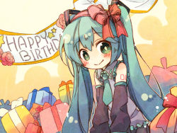 Rule 34 | 1girl, aqua hair, cts58, detached sleeves, gift, green eyes, hair ribbon, happy birthday, hatsune miku, long hair, necktie, ribbon, smile, solo, twintails, very long hair, vocaloid