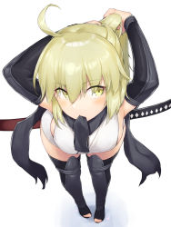 Rule 34 | 1girl, adjusting hair, ahoge, arm guards, armpits, bad id, bad pixiv id, bare shoulders, bent over, black bow, black scarf, blonde hair, bow, breasts, commentary request, dabuki, fate/grand order, fate (series), full body, hair bow, highres, japanese clothes, katana, kimono, koha-ace, looking to the side, mouth hold, obi, okita souji (fate), okita souji (koha-ace), sash, scarf, short kimono, sleeveless, sleeveless kimono, small breasts, solo, standing, sword, thighs, toeless legwear, weapon, white kimono, yellow eyes