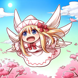 Rule 34 | 1girl, :d, angel wings, blonde hair, blue eyes, blue sky, blush, cherry blossoms, chibi, cloud, commentary request, day, dress, feathered wings, floating hair, flying, hair between eyes, lily white, long hair, looking afar, multiple wings, open mouth, red ribbon, ribbon, sky, smile, solo, sun, tottsuman, touhou, white dress, white wings, wings