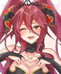 Rule 34 | 1girl, bare shoulders, black choker, blush, breasts, carrot (robosquat), choker, cleavage, commentary, dragalia lost, english commentary, fang, fur choker, halloween costume, heart, heart hands, large breasts, mym (dragalia lost), one eye closed, open mouth, orange eyes, red hair, smile, solo, tiara, twintails, twitter username, upper body, watermark