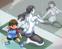 Rule 34 | 1boy, 1girl, animal crossing, ass, bad id, bad pixiv id, barefoot, black hair, blush, breasts, butt crack, capri pants, clothes theft, clothes writing, colored skin, crossover, embarrassed, grey eyes, large breasts, long hair, mirror, navel, nintendo, nipples, pants, ponytail, reflection, shirt, smile, spandex, stretching, sunasu-tamako, super smash bros., surprised, t-shirt, tank top, theft, topless, villager (animal crossing), white skin, wii fit, wii fit trainer, wii fit trainer (female)