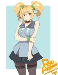 Rule 34 | 1girl, agawa ryou, artist name, bad id, bad tumblr id, bare shoulders, blonde hair, breasts, cleavage, collar, looking at viewer, pantyhose, red eyes, school uniform, scrunchie, short hair, signature, skirt, solo, twintails, watermark, web address