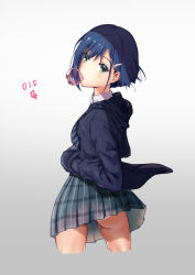 Rule 34 | 1girl, ass, black hoodie, black necktie, blowing bubbles, blue hair, bob cut, character name, chewing gum, chinese commentary, clothes lift, commentary request, cropped legs, darling in the franxx, dress shirt, from behind, gradient background, green eyes, green necktie, grey background, grey skirt, hair ornament, hair strand, hairclip, hands in pockets, hood, hood down, hooded jacket, hoodie, ichigo (darling in the franxx), jacket, light blush, looking at viewer, looking back, messy hair, miniskirt, necktie, panties, pantyshot, plaid, plaid skirt, pleated skirt, school uniform, shirt, short hair, skirt, skirt lift, solo, striped necktie, striped neckwear, translated, underwear, white background, white panties, white shirt, wind, wind lift, yue blm