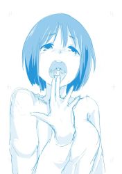 Rule 34 | 2girls, giant, giantess, highres, mini person, minigirl, monochrome, multiple girls, noneto, nude, open mouth, original, short hair, simple background, sketch, soft vore, vore, white background